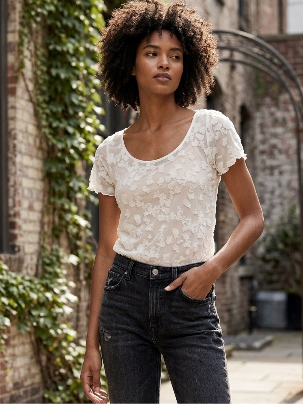 Rag & Bone White Ivory Lace Short Sleeve Casual Top Size Small Petite